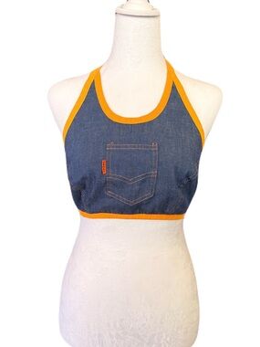Vintage Levi’s orange tab- Denim Halter Crop Top with Yellow Trim